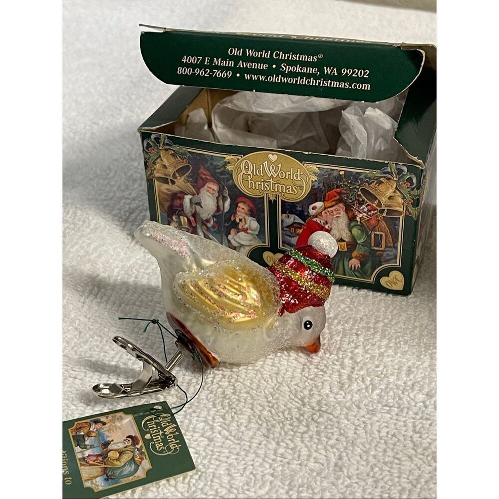 Old World Christmas Red Hat Snowbird clip on glass ornament